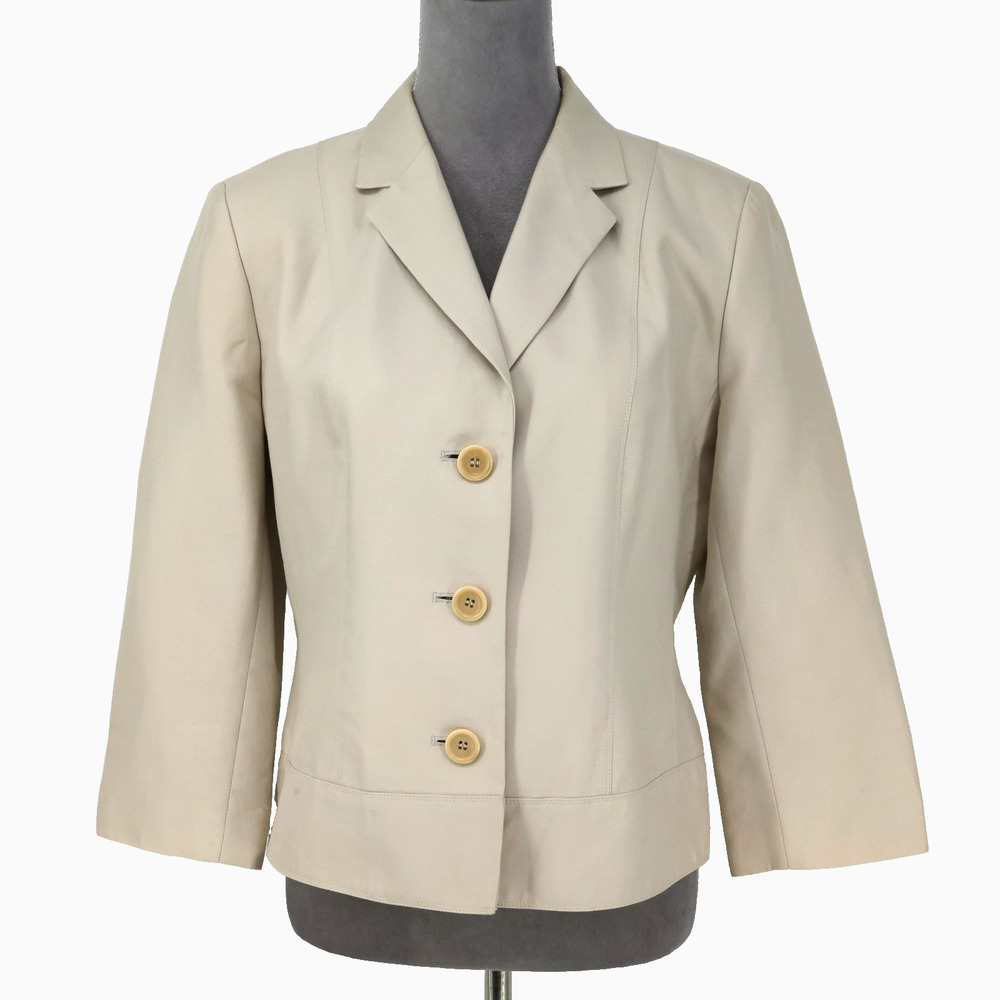 Ann Taylor Jacket Womens 12 Beige Tan Cotton Silk Blazer Lined Vintage Career
